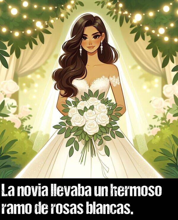 novia: La novia llevaba un hermoso ramo de rosas blancas.