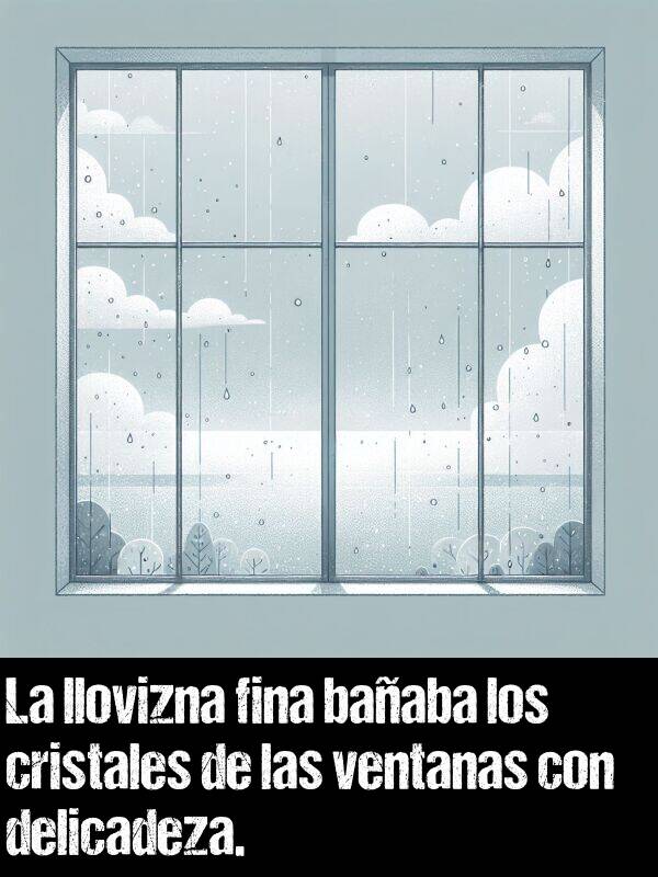 llovizna: La llovizna fina baaba los cristales de las ventanas con delicadeza.