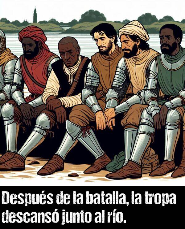 descans: Despus de la batalla, la tropa descans junto al ro.