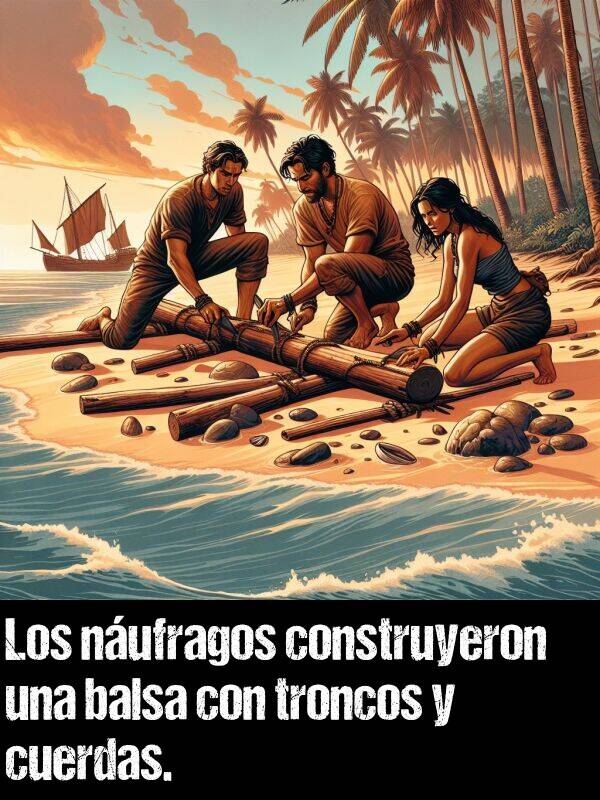 cuerdas: Los nufragos construyeron una balsa con troncos y cuerdas.