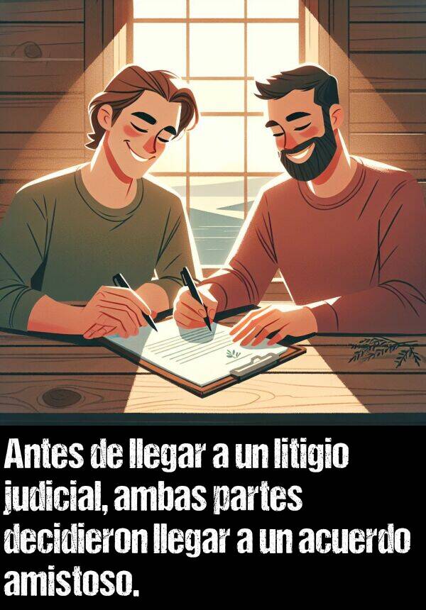 judicial: Antes de llegar a un litigio judicial, ambas partes decidieron llegar a un acuerdo amistoso.