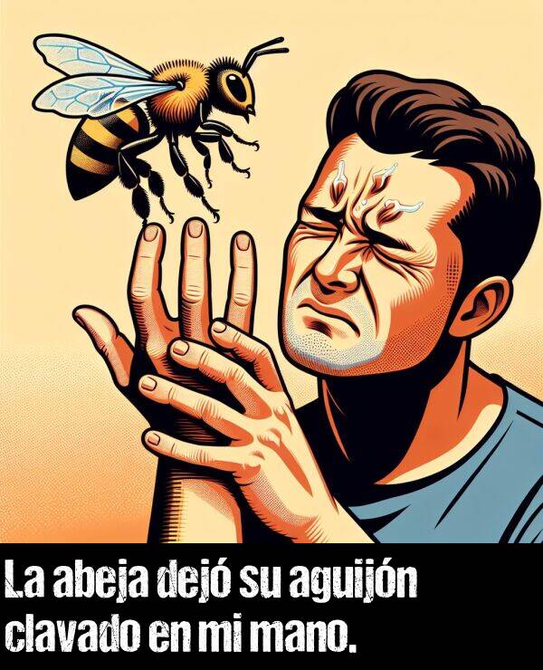 aguijn: La abeja dej su aguijn clavado en mi mano.