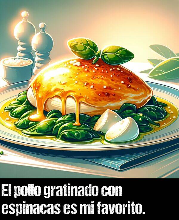 pollo: El pollo gratinado con espinacas es mi favorito.