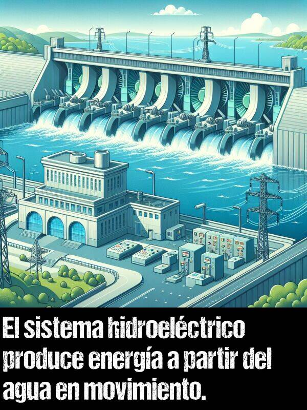 produce: El sistema hidroelctrico produce energa a partir del agua en movimiento.