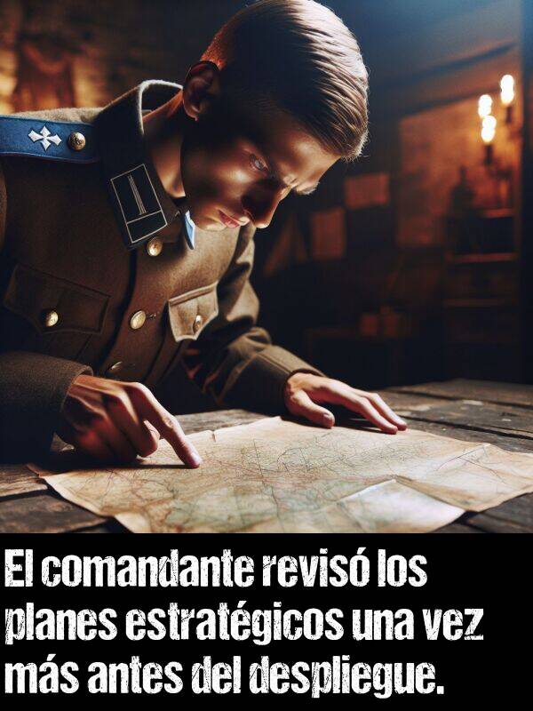 planes: El comandante revis los planes estratgicos una vez ms antes del despliegue.