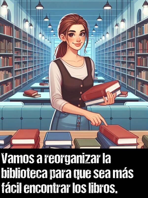 sea: Vamos a reorganizar la biblioteca para que sea ms fcil encontrar los libros.