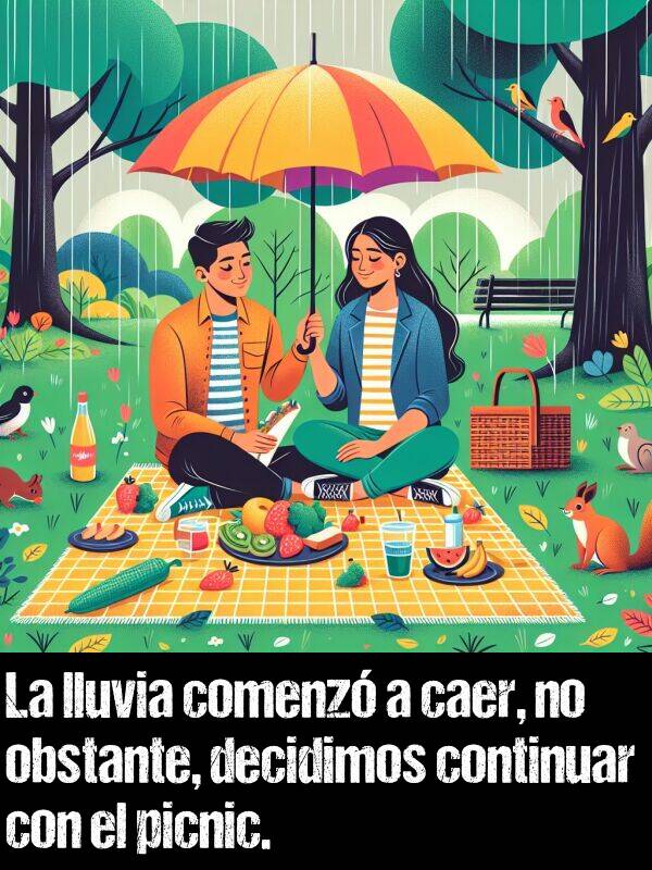 comenz: La lluvia comenz a caer, no obstante, decidimos continuar con el picnic.