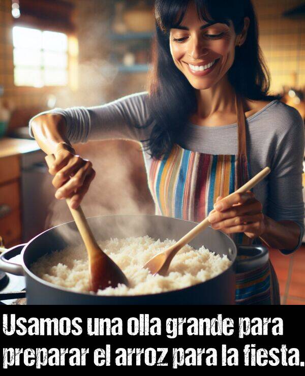 fiesta: Usamos una olla grande para preparar el arroz para la fiesta.