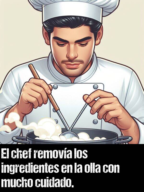 remova: El chef remova los ingredientes en la olla con mucho cuidado.