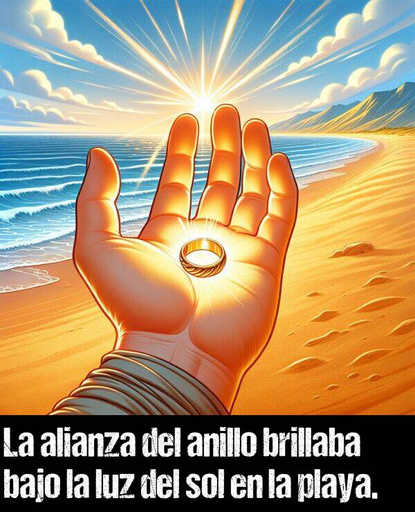 anillo: La alianza del anillo brillaba bajo la luz del sol en la playa.