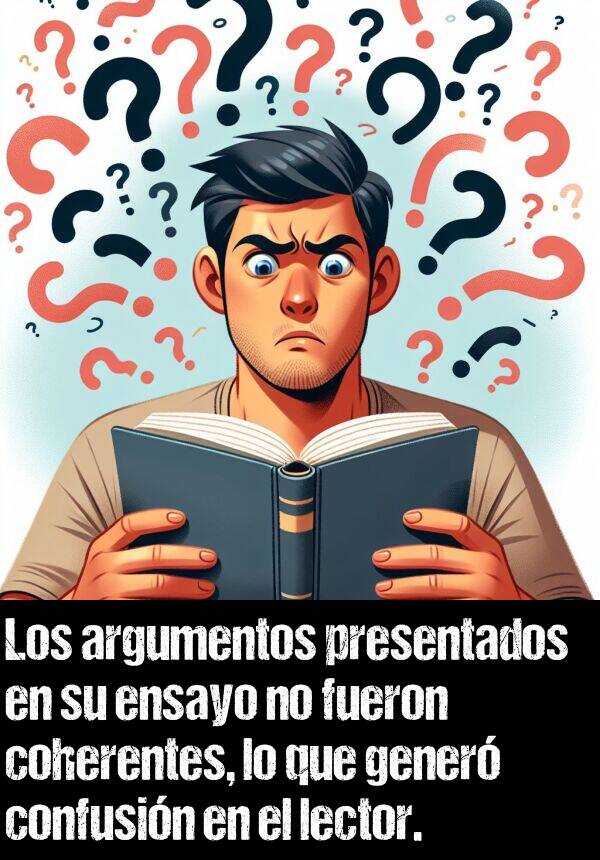 confusin: Los argumentos presentados en su ensayo no fueron coherentes, lo que gener confusin en el lector.