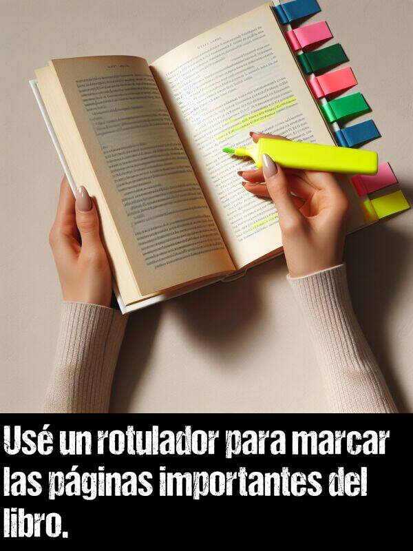 rotulador: Us un rotulador para marcar las pginas importantes del libro.