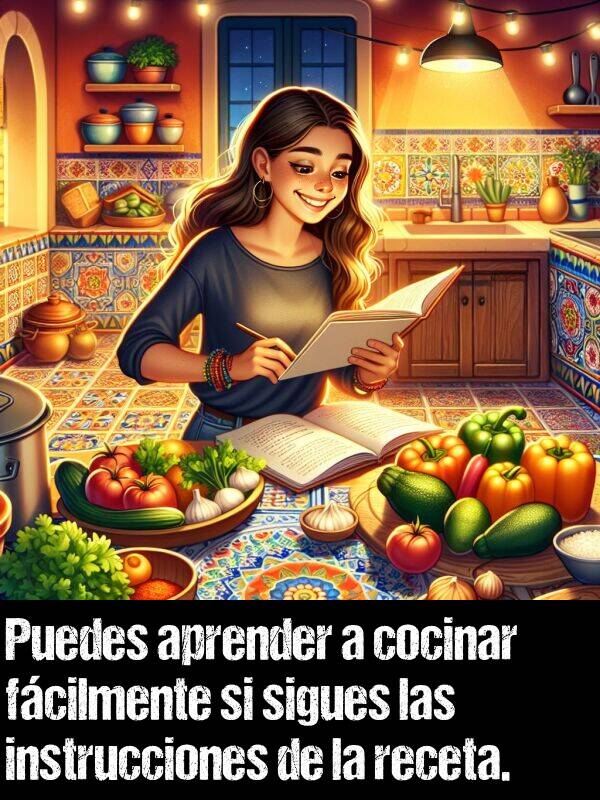 receta: Puedes aprender a cocinar fcilmente si sigues las instrucciones de la receta.