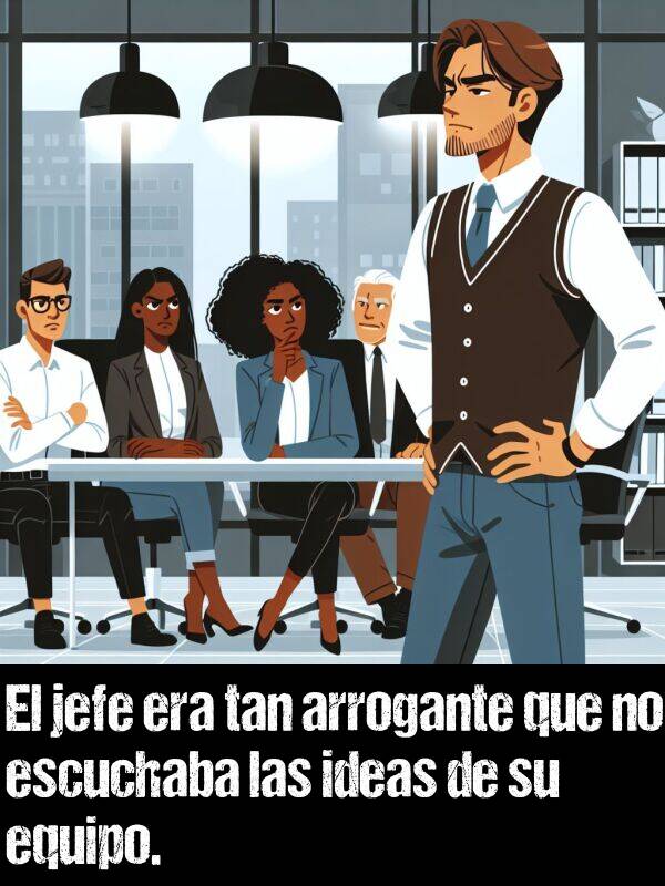 arrogante: El jefe era tan arrogante que no escuchaba las ideas de su equipo.