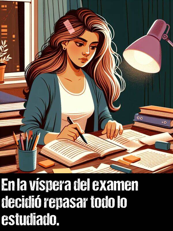 estudiado: En la vspera del examen decidi repasar todo lo estudiado.