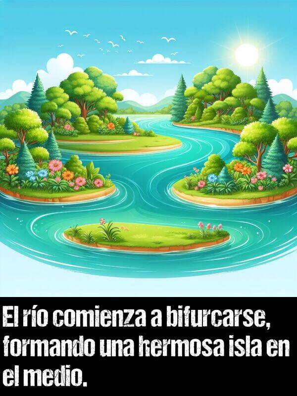 formando: El ro comienza a bifurcarse, formando una hermosa isla en el medio.