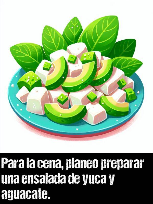 cena: Para la cena, planeo preparar una ensalada de yuca y aguacate.