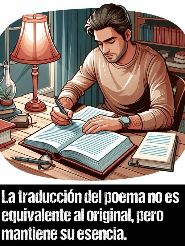 original: La traduccin del poema no es equivalente al original, pero mantiene su esencia.