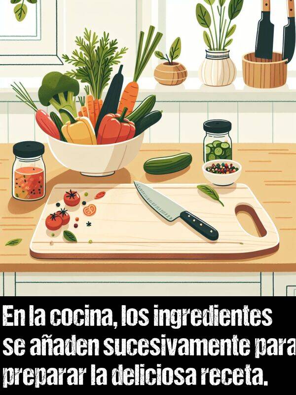 sucesivamente: En la cocina, los ingredientes se aaden sucesivamente para preparar la deliciosa receta.