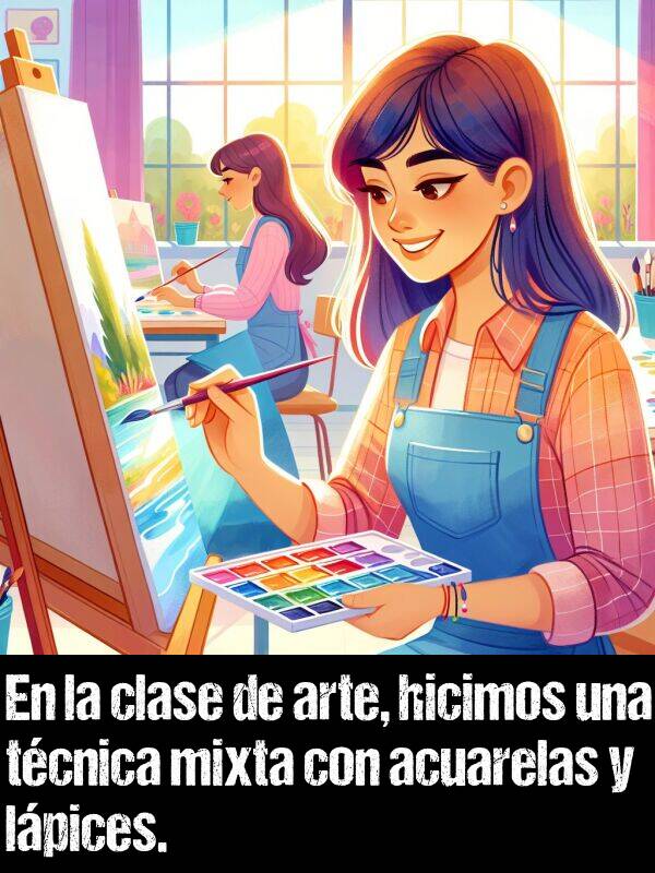 acuarelas: En la clase de arte, hicimos una tcnica mixta con acuarelas y lpices.