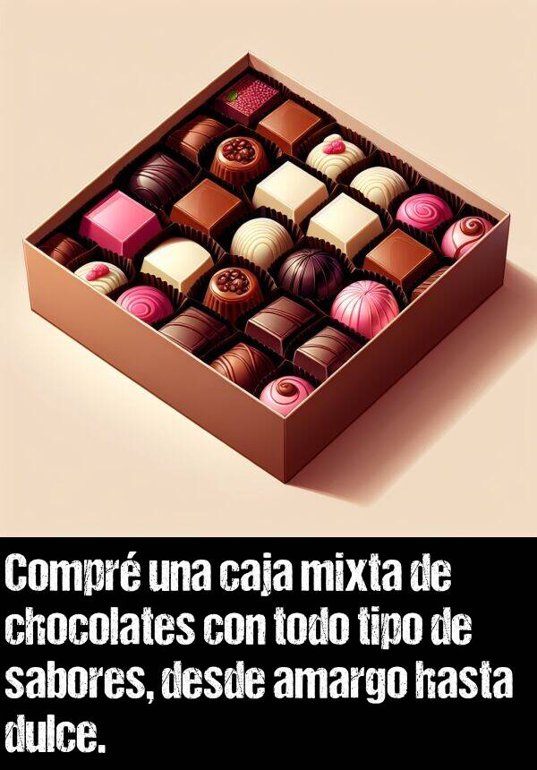 tipo: Compr una caja mixta de chocolates con todo tipo de sabores, desde amargo hasta dulce.