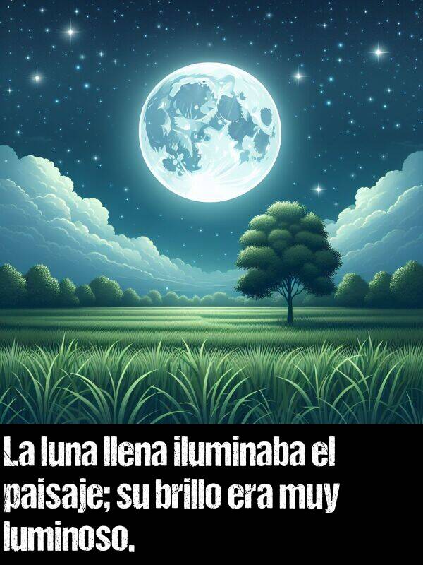 luminoso: La luna llena iluminaba el paisaje; su brillo era muy luminoso.