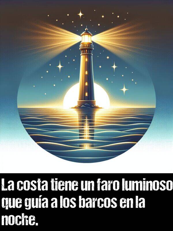 gua: La costa tiene un faro luminoso que gua a los barcos en la noche.