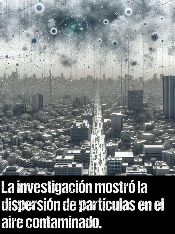 investigacin: La investigacin mostr la dispersin de partculas en el aire contaminado.