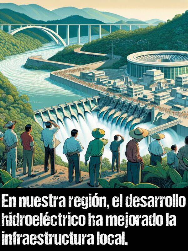 infraestructura: En nuestra regin, el desarrollo hidroelctrico ha mejorado la infraestructura local.