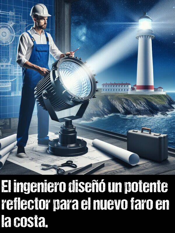 ingeniero: El ingeniero dise un potente reflector para el nuevo faro en la costa.