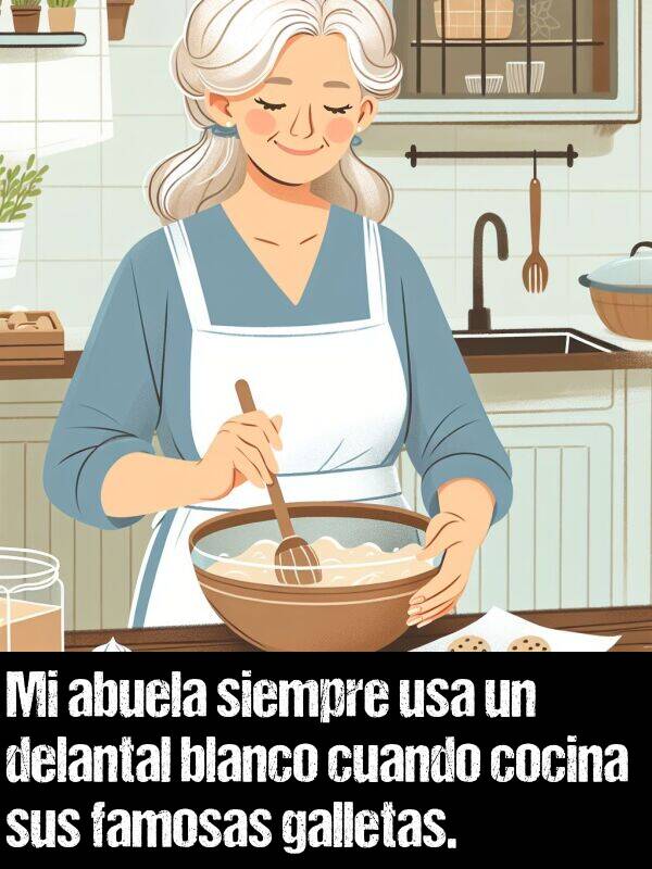 galletas: Mi abuela siempre usa un delantal blanco cuando cocina sus famosas galletas.