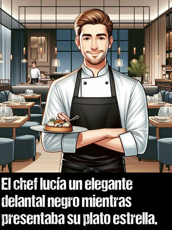 presentaba: El chef luca un elegante delantal negro mientras presentaba su plato estrella.