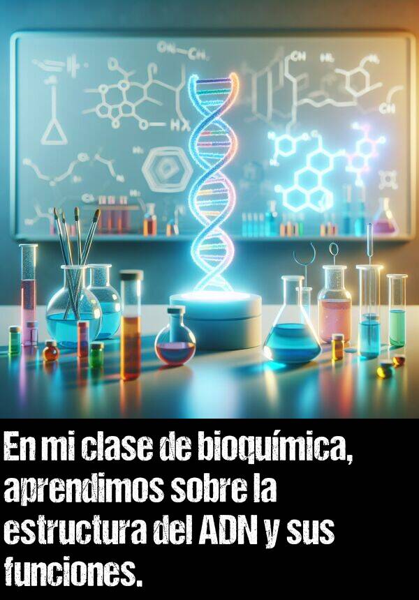 bioqumica: En mi clase de bioqumica, aprendimos sobre la estructura del ADN y sus funciones.