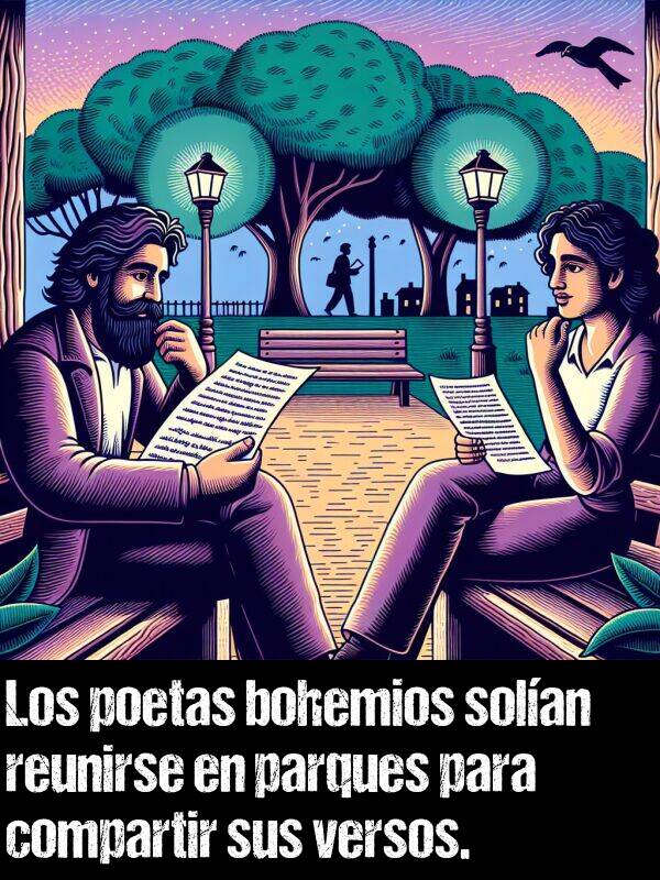 poetas: Los poetas bohemios solan reunirse en parques para compartir sus versos.