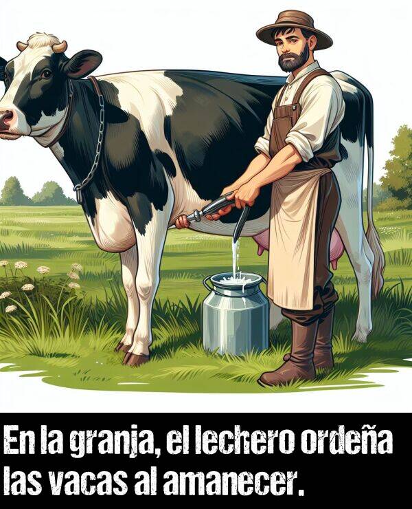 lechero: En la granja, el lechero ordea las vacas al amanecer.