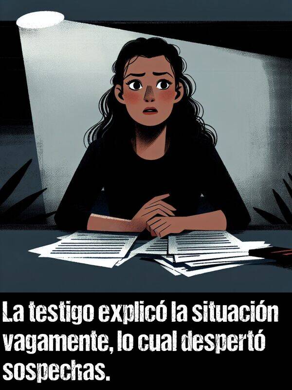 vagamente: La testigo explic la situacin vagamente, lo cual despert sospechas.