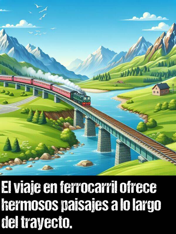 trayecto: El viaje en ferrocarril ofrece hermosos paisajes a lo largo del trayecto.