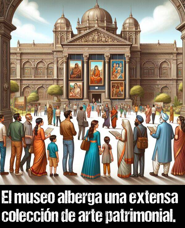 alberga: El museo alberga una extensa coleccin de arte patrimonial.