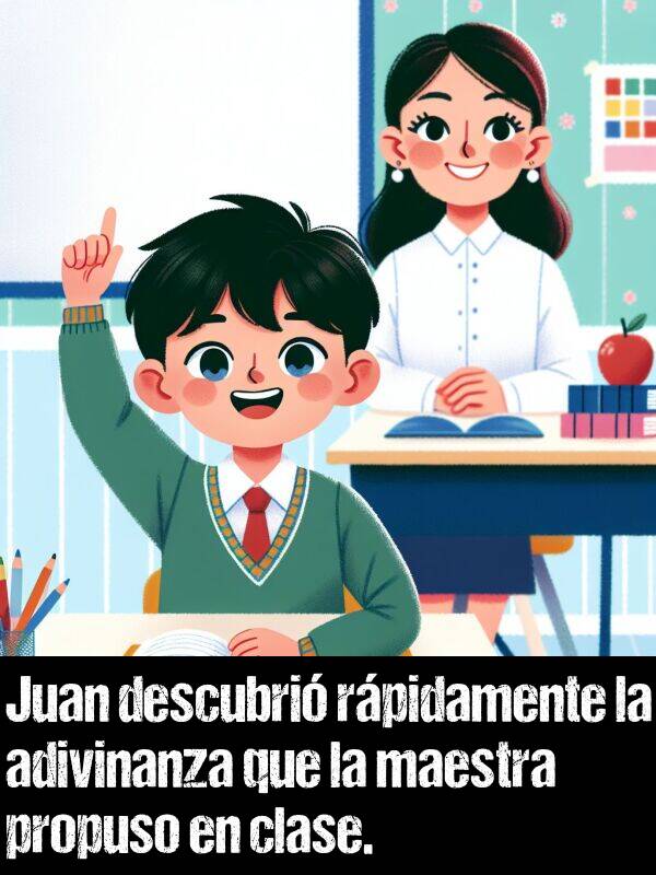 propuso: Juan descubri rpidamente la adivinanza que la maestra propuso en clase.