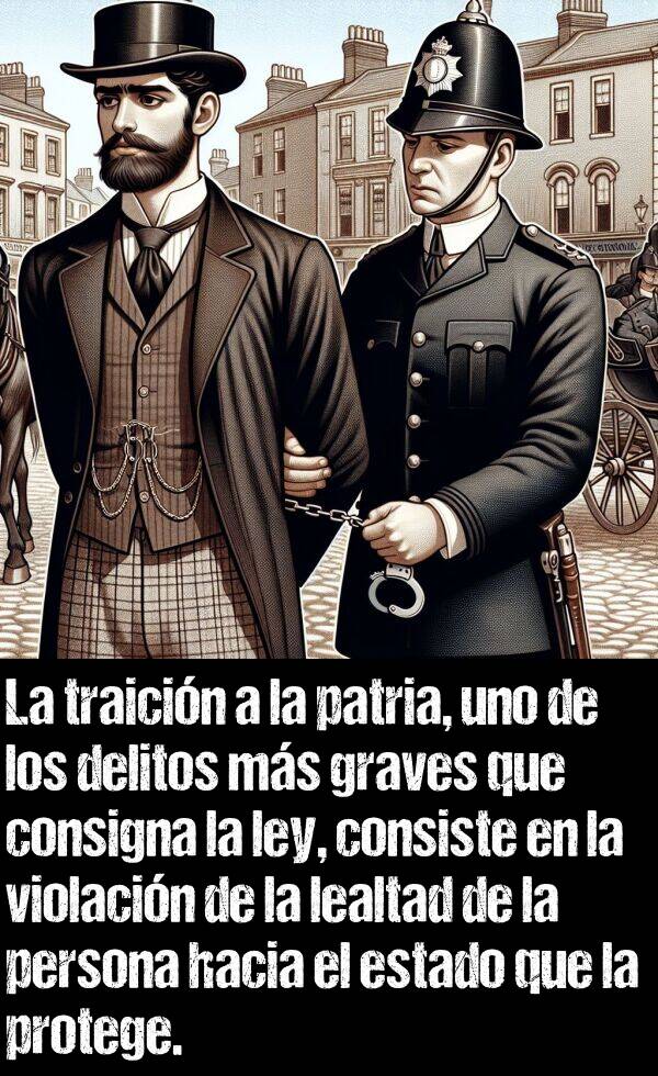 violacin: La traicin a la patria, uno de los delitos ms graves que consigna la ley, consiste en la violacin de la lealtad de la persona hacia el Estado que la protege.