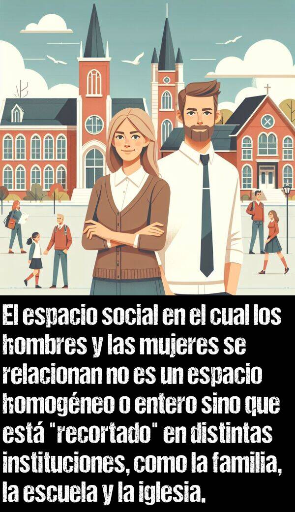 recortado: El espacio social en el cual los hombres y las mujeres se relacionan no es un espacio homogneo o entero sino que est "recortado" en distintas instituciones, como la familia, la escuela y la iglesia.