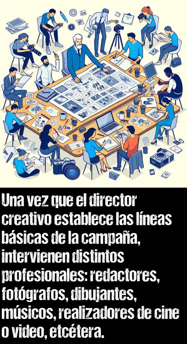 creativo: Una vez que el director creativo establece las lneas bsicas de la campaa, intervienen distintos profesionales: redactores, fotgrafos, dibujantes, msicos, realizadores de cine o video, etctera.