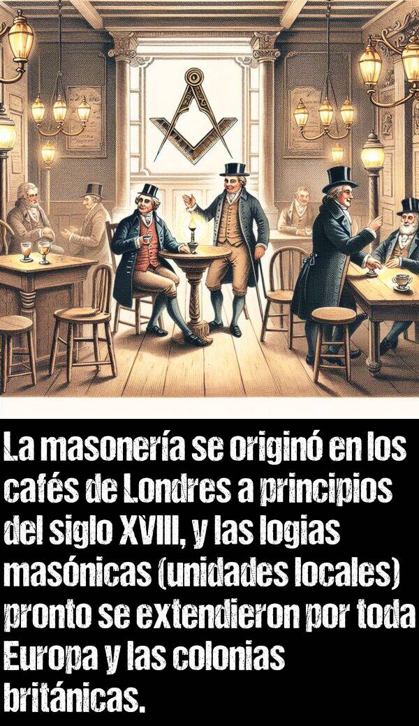 masonera: La masonera se origin en los cafs de Londres a principios del siglo XVIII, y las logias masnicas (unidades locales) pronto se extendieron por toda Europa y las colonias britnicas.