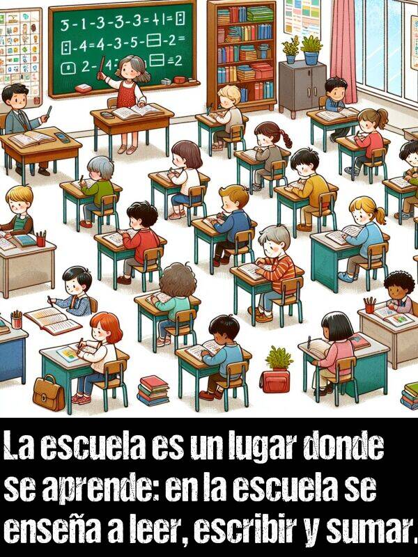 sumar: La escuela es un lugar donde se aprende: en la escuela se ensea a leer, escribir y sumar.