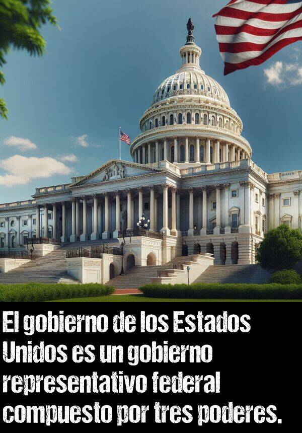 representativo: El gobierno de los Estados Unidos es un gobierno representativo federal compuesto por tres poderes.