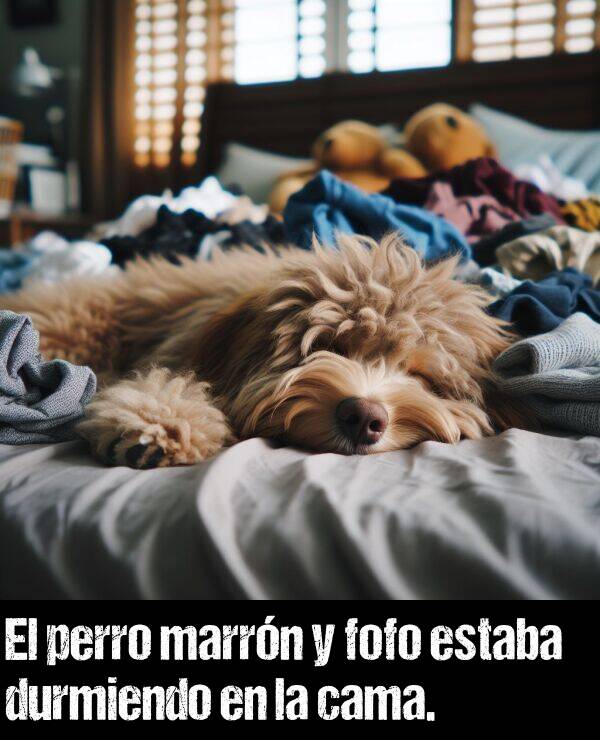 cama: El perro marrn y fofo estaba durmiendo en la cama.