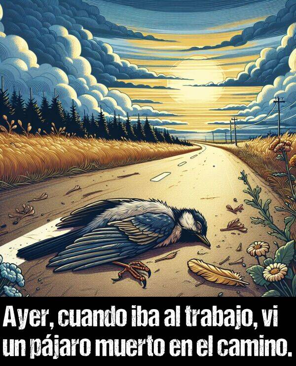 muerto: Ayer, cuando iba al trabajo, vi un pjaro muerto en el camino.