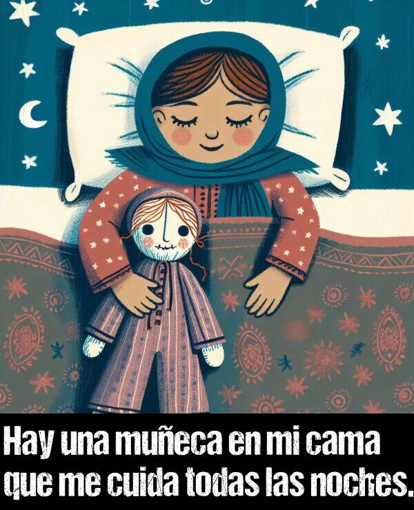 mueca: Hay una mueca en mi cama que me cuida todas las noches.