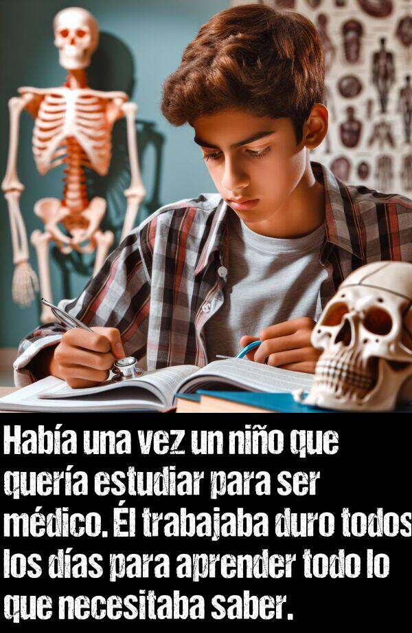 mdico: Haba una vez un nio que quera estudiar para ser mdico. l trabajaba duro todos los das para aprender todo lo que necesitaba saber.