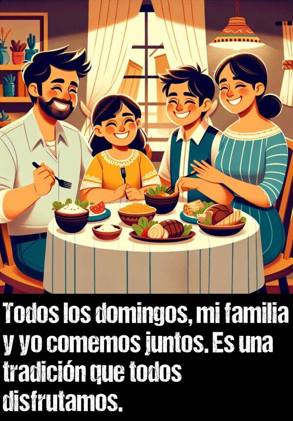 tradicin: Todos los domingos, mi familia y yo comemos juntos. Es una tradicin que todos disfrutamos.